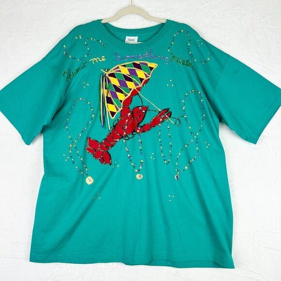 Vintage Mardi Gras Puff Paint Tee Shirt Size XL Single Stitch Crawfish USA Made - Picture 1 of 7